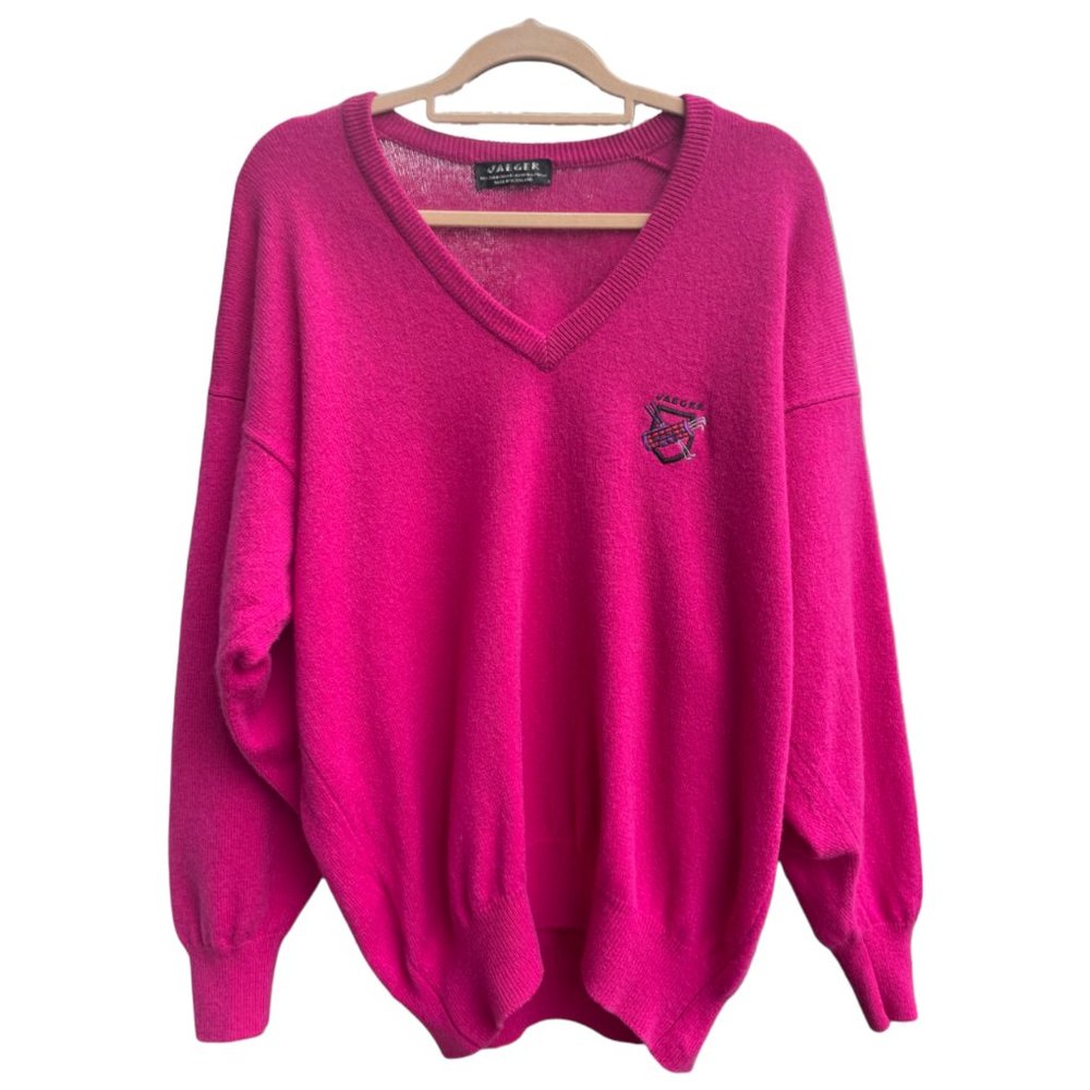 Vintage Jaeger 80s Pink V-Neck Golf Jumper, 100% Lambswool Scotland Size Large - Picture 1 of 5